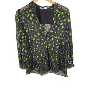 Alice + Olivia green black leopard blouse shirt size L large